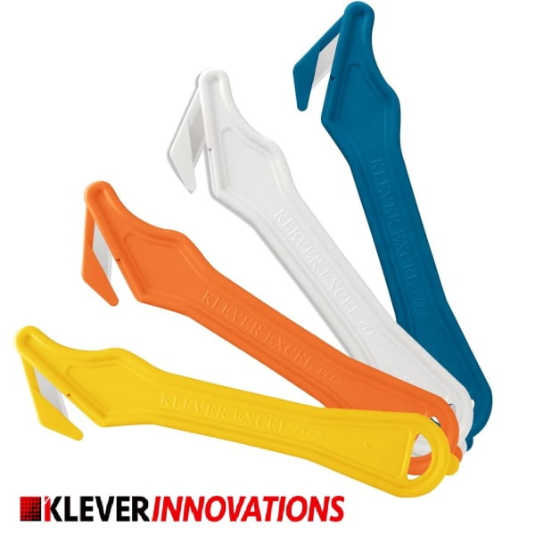 Cutter profesional pentru taierea ambalajelor mai groase, Klever Excel PLUS, alb, lama din otel-carbon, incorporata in maner, ergonomic si rezistent