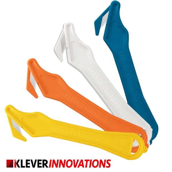 Cutter profesional pentru taierea ambalajelor mai groase, Klever Excel PLUS, alb, lama din otel-carbon, incorporata in maner, ergonomic si rezistent