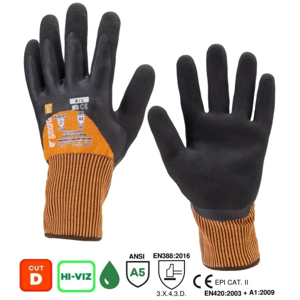 Manusi de protectie Hi-VIZ, cu rezistenta la taiere D, Eurocut L400, negru-portocaliu, dubla imersie de latex, aderenta in mediu uscat, ud, uleios, flexibile, forma ergonomica