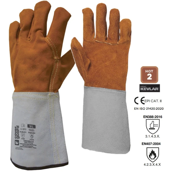 Manusi de protectie pentru sudura Euroweld 250, din piele de bovina, manseta 15cm, captusite, cusaturi din kevlar, EN388: 3.1.4.3.X, EN407: 4.2.3.X.4.X