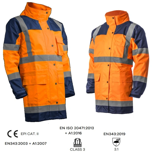 Jacheta impermeabila HI-Viz, pentru conditii de ploaie si vant, Hydra, vizibilitate ridicata, portocaliu fluorescent-albastru, benzi reflectorizante, material Oxford impregnat cu PU, Coverguard