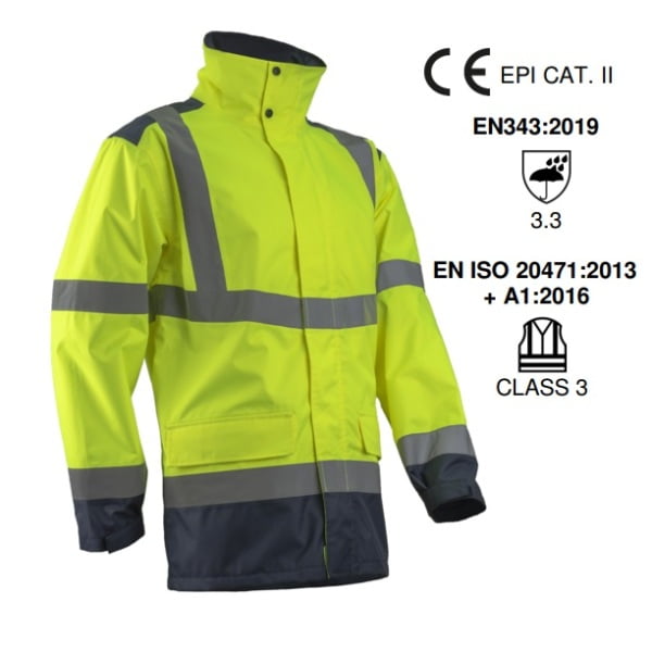 Jacheta impermeabila HI-Viz, de ploaie si vant, Kazan, galben fluorescent-albastru, benzi reflectorizante, se poate purta peste jacheta sau geaca, impermeabilitate 8000 mm, respirabilitate 5000 g/m²/24h