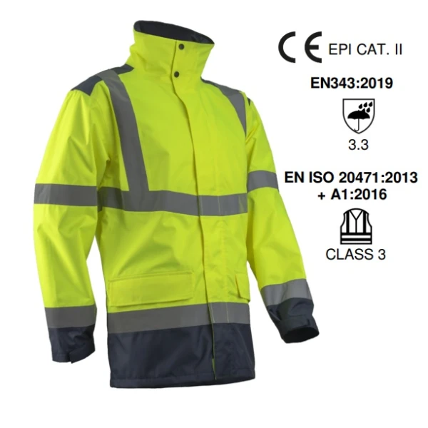 Jacheta impermeabila HI-Viz, de ploaie si vant, Kazan, galben fluorescent-albastru, benzi reflectorizante, se poate purta peste jacheta sau geaca, impermeabilitate 8000 mm, respirabilitate 5000 g/m²/24h