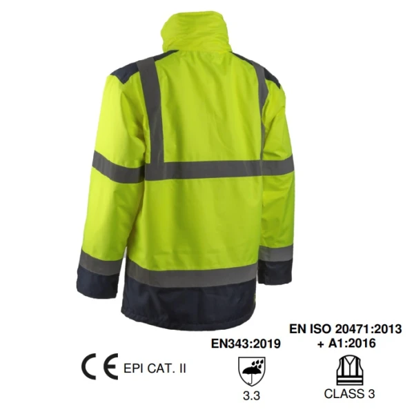 Jacheta impermeabila HI-Viz, de ploaie si vant, Kazan, galben fluorescent-albastru, benzi reflectorizante, se poate purta peste jacheta sau geaca, impermeabilitate 8000 mm, respirabilitate 5000 g/m²/24h