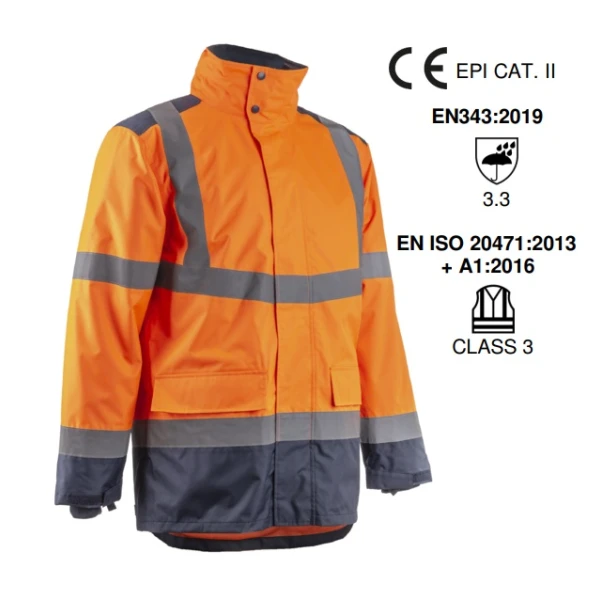 Jacheta impermeabila HI-Viz, de ploaie si vant, Kazan, portocaliu fluorescent-albastru, benzi reflectorizante, se poate purta peste jacheta sau geaca, impermeabilitate 8000 mm, respirabilitate 5000 g/m²/24h