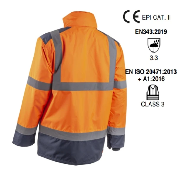 Jacheta impermeabila HI-Viz, de ploaie si vant, Kazan, portocaliu fluorescent-albastru, benzi reflectorizante, se poate purta peste jacheta sau geaca, impermeabilitate 8000 mm, respirabilitate 5000 g/m²/24h