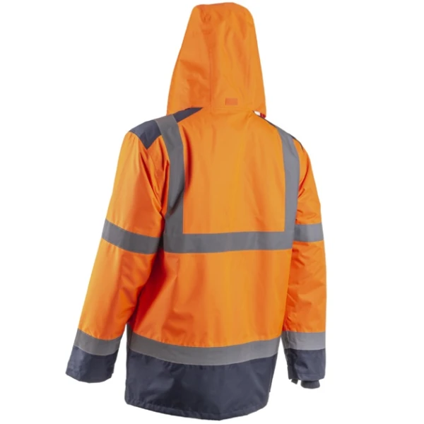 Jacheta impermeabila HI-Viz, de ploaie si vant, Kazan, portocaliu fluorescent-albastru, benzi reflectorizante, se poate purta peste jacheta sau geaca, impermeabilitate 8000 mm, respirabilitate 5000 g/m²/24h