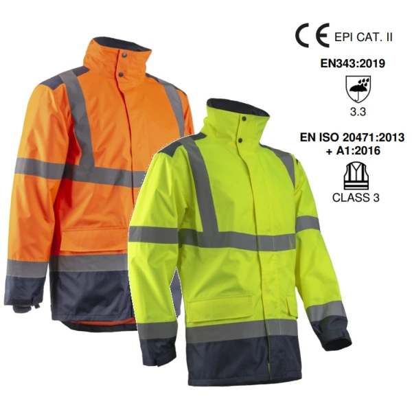 Jacheta impermeabila HI-Viz, de ploaie si vant, Kazan, portocaliu fluorescent-albastru, benzi reflectorizante, se poate purta peste jacheta sau geaca, impermeabilitate 8000 mm, respirabilitate 5000 g/m²/24h