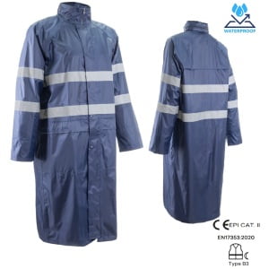 Pelerina impermeabila pentru ploaie si vant, Rainet, albastru inchis, haina lunga 120cm, benzi reflectorizante pe corp si maneci, orificii de ventilatie