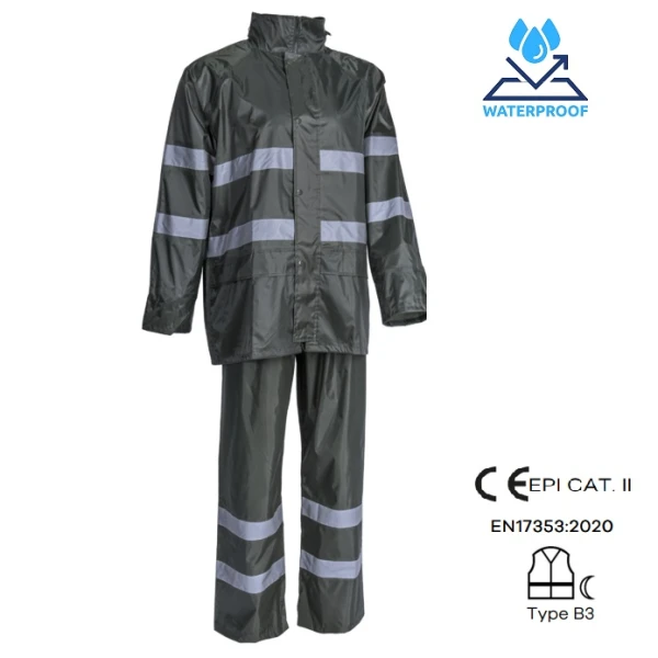 Set impermeabil pentru ploaie si vant, Rainet, verde inchis, compus din jacheta si pantaloni talie, benzi reflectorizante, orificii de ventilatie