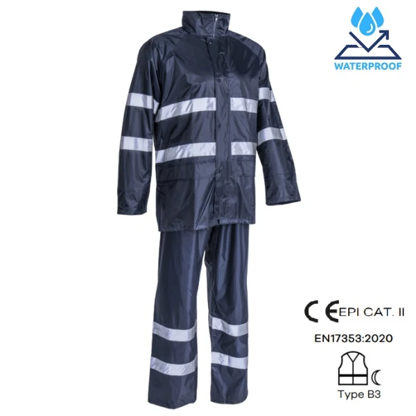 Set impermeabil pentru ploaie si vant, Rainet, albastru inchis, compus din jacheta si pantaloni talie, benzi reflectorizante, orificii de ventilatie