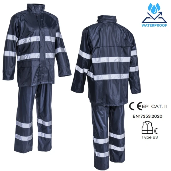 CG5RAI12_Set impermeabil pentru ploaie si vant, Rainet, albastru inchis, compus din jacheta si pantaloni talie, benzi reflectorizante, orificii de ventilatie_princ Set impermeabil pentru ploaie si vant, Rainet, albastru inchis, compus din jacheta si pantaloni talie, benzi reflectorizante, orificii de ventilatie