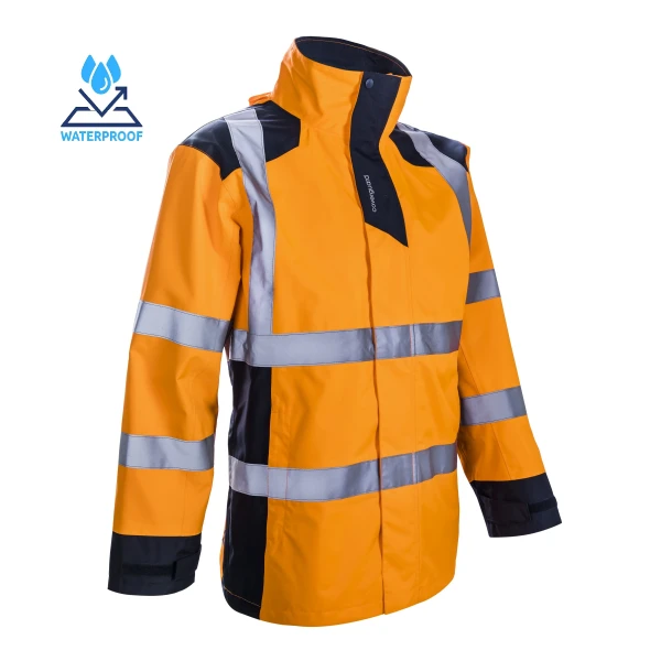 Jacheta impermeabila HI-Viz, de ploaie si vant, SANGAKU, portocaliu-albastru, benzi reflectorizante, se poate purta peste jacheta sau geaca, impermeabilitate 8000 mm, respirabilitate 5000 g/m²/24h