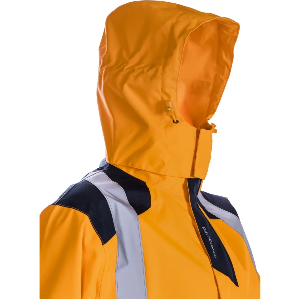 Jacheta impermeabila HI-Viz, de ploaie si vant, SANGAKU, portocaliu-albastru, benzi reflectorizante, se poate purta peste jacheta sau geaca, impermeabilitate 8000 mm, respirabilitate 5000 g/m²/24h
