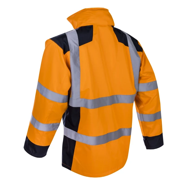 Jacheta impermeabila HI-Viz, de ploaie si vant, SANGAKU, portocaliu-albastru, benzi reflectorizante, se poate purta peste jacheta sau geaca, impermeabilitate 8000 mm, respirabilitate 5000 g/m²/24h