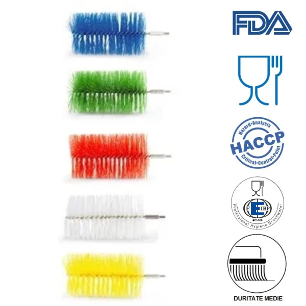 Perie tubulara pentru curatarea tevilor lungi, interschimbabila, diametrul Ø100 mm, duritate medie, albastra, autoclavare 121 °C, pentru industria alimentara, certificata HACCP, FDA