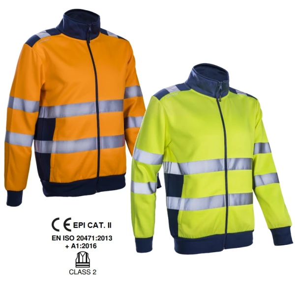 Jacheta termica Hi-Viz Gokkan, portocaliu HV-albastru inchis, fleece 300 gr/m², 75% poliester, 25% bumbac, benzi reflectorizante 5cm, calduroasa, confortabila