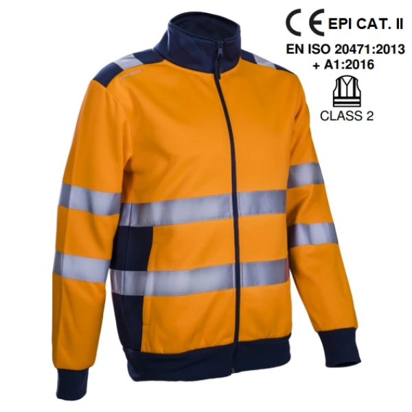 Jacheta termica Hi-Viz Gokkan, portocaliu HV-albastru inchis, fleece 300 gr/m², 75% poliester, 25% bumbac, benzi reflectorizante 5cm, calduroasa, confortabila