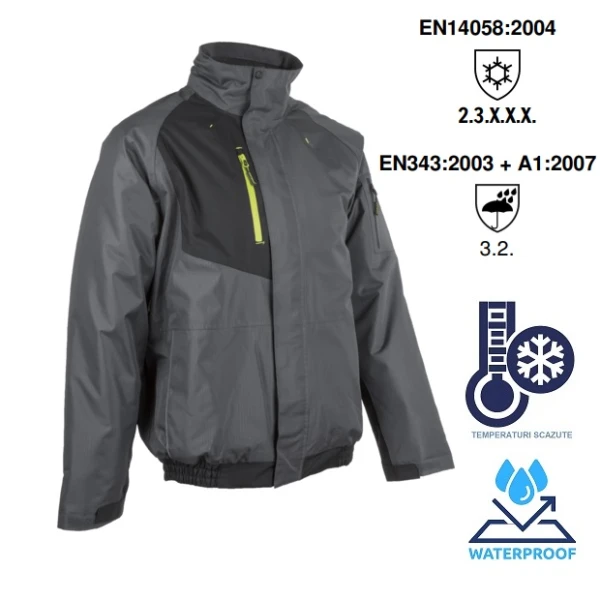 Jacheta de iarna impermeabila, captusita, Goma, gri, Ripstop, pentru conditii cu temperaturi scazute, ploaie sau vant, cusaturi sudate, Coverguard