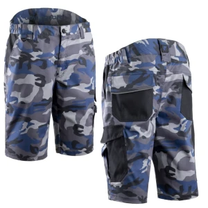Pantaloni de lucru scurti, tip bermude, KAMMO, albastri, imprimeu camuflaj, rezistenti, cusaturi triple, spate inaltat, buzunare multiple, Coverguard