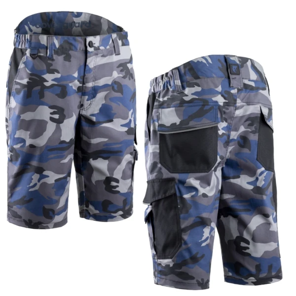 Pantaloni de lucru scurti, tip bermude, KAMMO, albastri, imprimeu camuflaj, rezistenti, cusaturi triple, spate inaltat, buzunare multiple, Coverguard