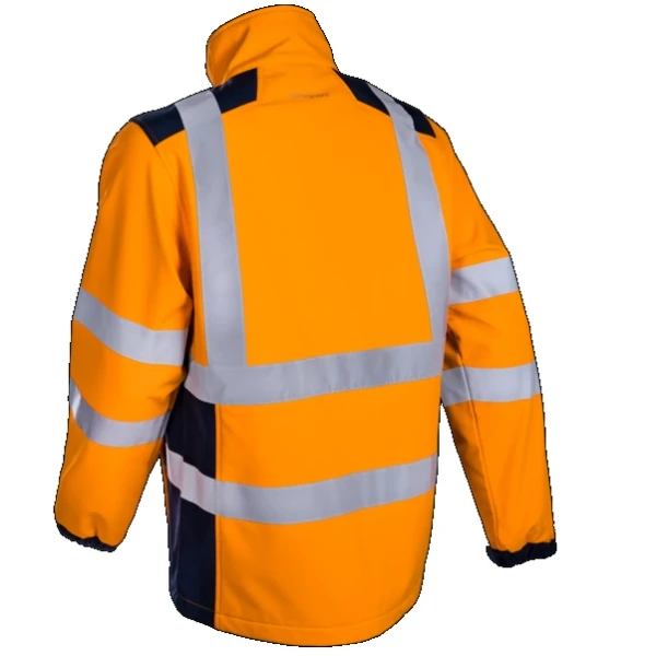 Jacheta impermeabila HI-Viz, de ploaie si vant, Kanpa, portocaliu HV-albastru, Softshell in 3 straturi, benzi reflectorizante, impermeabilitate 8000 mm, respirabilitate 3000 g/m²/24h