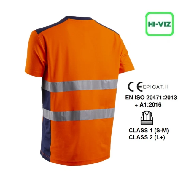 Tricou cu maneca scurta Hi-Viz, protectie UV, Nekki,portocaliu Hv-albastru inchis, cu tratament anti-UV – UPF35+, benzi reflectorizante, Coverguard