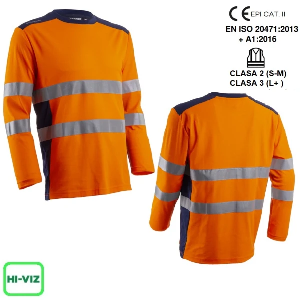 Tricou cu maneca lunga hi-Viz, protectie UV, Rikka, portocaliu Hv-albastru inchis, cu tratament anti-UV - UPF35+, cu benzi reflectorizante, Coverguard