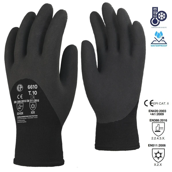 Manusi de protectie pentru iarna, EUROWINTER Thermolite 6610, negre, imersate 3/4 in spuma de latex, impermeabile, aderente, captusite, forma anatomica, pentru mediu umed/uscat, marime 8