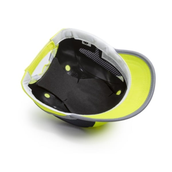 Sapca anti-soc, galben HI-Viz, tip baseball, protectie impotriva impactului lateral, din ABS, perna din spuma EVA, ventilatie laterala, cozoroc mediu - 5cm, elemente reflectorizante
