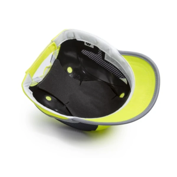 Sapca anti-soc, galben HI-Viz, tip baseball, protectie impotriva impactului lateral, din ABS, perna din spuma EVA, ventilatie laterala, cozoroc mediu - 5cm, elemente reflectorizante