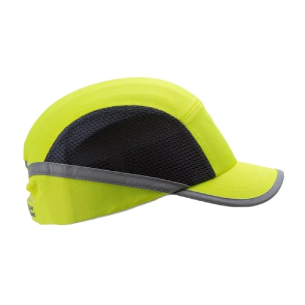 Sapca anti-soc, galben HI-Viz, tip baseball, protectie impotriva impactului lateral, din ABS, perna din spuma EVA, ventilatie laterala, cozoroc mediu - 5cm, elemente reflectorizante