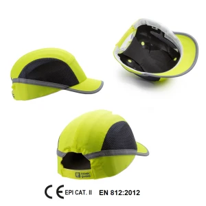 Sapca anti-soc, galben HI-Viz, tip baseball, protectie impotriva impactului lateral, din ABS, perna din spuma EVA, ventilatie laterala, cozoroc mediu - 5cm, elemente reflectorizante