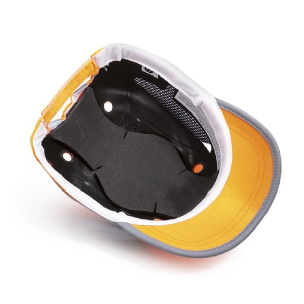 Sapca anti-soc, portocaliu HI-Viz, tip baseball, protectie impotriva impactului lateral, din ABS, perna din spuma EVA, ventilatie laterala, cozoroc mediu - 5cm, elemente reflectorizante