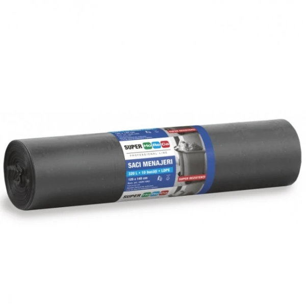 Saci menajeri Super Horeca LDPE, capacitate 320 litri, 10 bucati/rola, 125x145 cm, negru, calitate superioara