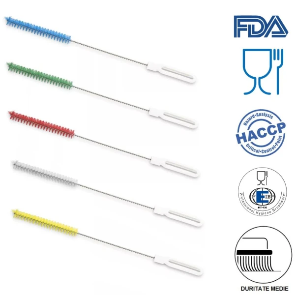 Perie cilindrica pentru sticle, tuburi, eprubete, diametru 20mm, lungime 50cm duritate medie, galbena, rezistenta la 121°C, autoclavare, pentru industria alimentara, certificare HACCP, FDA
