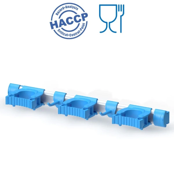 IGX1084B_Suport ustensile prindere de perete, Igeax 1084,50 cm, albastru, certificat Food Contact, conform HACCP Suport ustensile cu prindere de perete, Igeax 1084, cu 3 suporturi pentru manere si 2 carlige, 50 cm, albastru, certificat Food Contact, conform HACCP