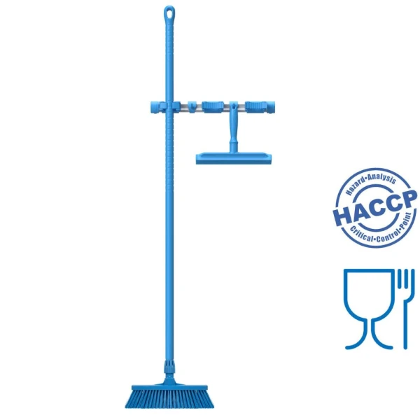 Suport ustensile cu prindere de perete, Igeax 1084, cu 3 suporturi pentru manere si 2 carlige, 50 cm, albastru, certificat Food Contact, conform HACCP