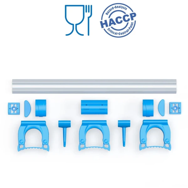 Suport ustensile cu prindere de perete, Igeax 1084, cu 3 suporturi pentru manere si 2 carlige, 50 cm, albastru, certificat Food Contact, conform HACCP