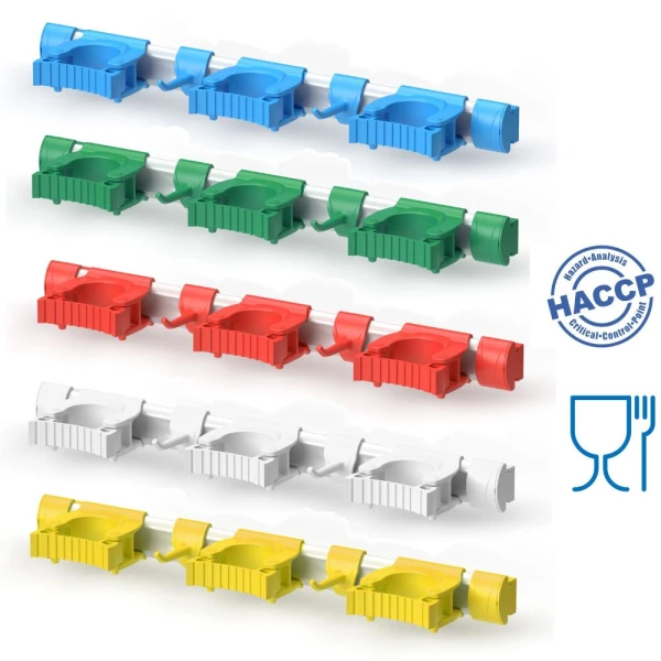 Suport ustensile cu prindere de perete, Igeax 1084, cu 3 suporturi pentru manere si 2 carlige, 50 cm, albastru, certificat Food Contact, conform HACCP