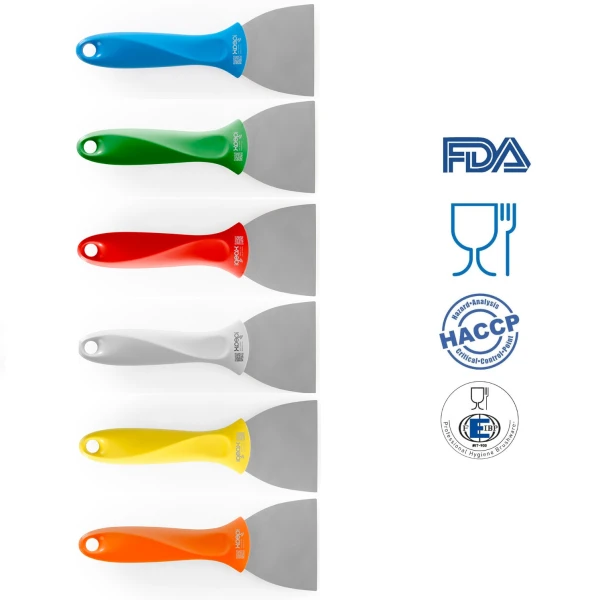 Scraper / Racleta cu lama din otel inoxidabil,  75 mm, cu maner alb din plastic, rezistent pana la 121° C, pentru industria alimentara, certificata HACCP, FDA