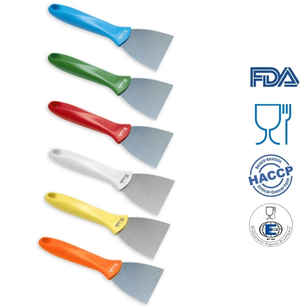 Scraper / Racleta cu lama din otel inoxidabil,  75 mm, cu maner alb din plastic, rezistent pana la 121° C, pentru industria alimentara, certificata HACCP, FDA