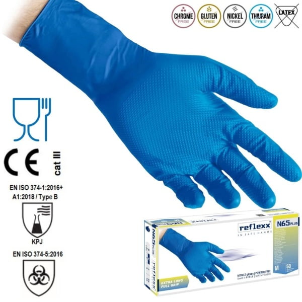 Manusi de nitril extra-lungi, 29cm, nepudrate, de unica folosinta, albastre, texturate pe palma, aderente, 0.15-0.20mm grosime, Reflexx N65P, certificate pentru industria alimentara, 50 buc/cutie