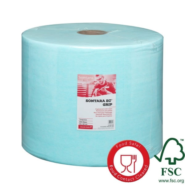 Rola lavete industriale Sontara EC GRIP pentru stergeri critice, fara scame, certificare food, ultrarezistenta, absorbanta ridicata, 32.5 x 42 cm, 500 lavete / rola, turcoaz, material netesut, D13987408
