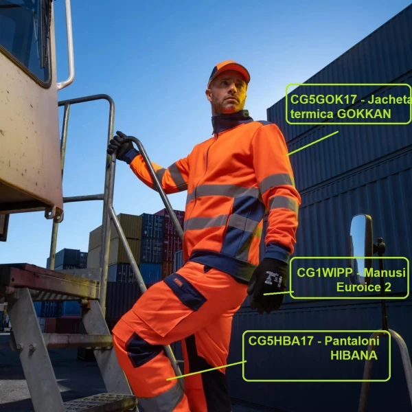 Jacheta termica Hi-Viz Gokkan, portocaliu HV-albastru inchis, fleece 300 gr/m², 75% poliester, 25% bumbac, benzi reflectorizante 5cm, calduroasa, confortabila