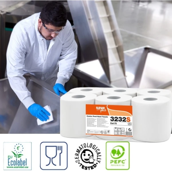 Rola prosop hartie derulare centrala Celtex SavePlus 3232S, alb, 2straturi, 108m, 450 portii/rola, 6 role/bax, certificata pentru industria alimentara, Ecolabel
