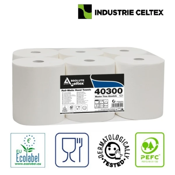 Rola prosop hartie autocut Celtex Master Time 40300, alb, 285m, 2 str, 6 role/bax, certificat Ecolabel, pentru dispensere CE92680, CE95420