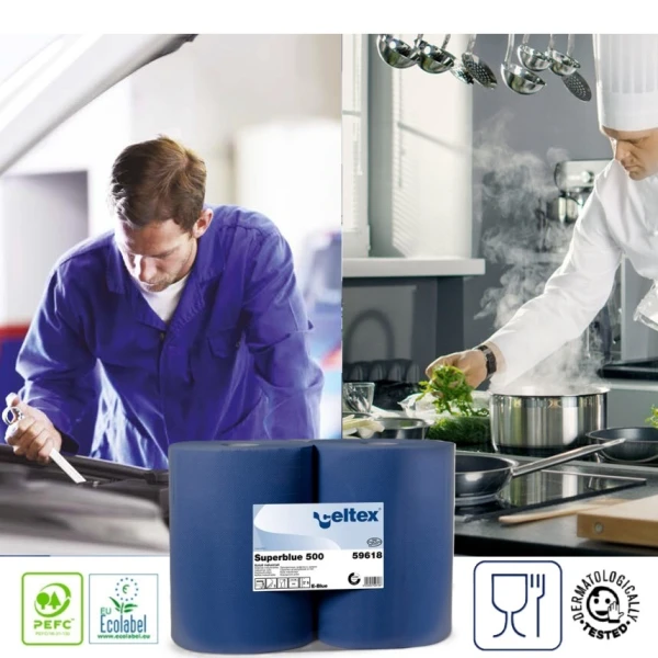 Rola hartie industriala Celtex Superblue 59618, 3 straturi, dim. laveta 36 x 36 cm, 500 lavete/rola, 2 role/bax , pentru uz industrial si spalatorii auto