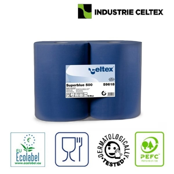 Rola hartie industriala Celtex Superblue 59618, 3 straturi, dim. laveta 36 x 36 cm, 500 lavete/rola, 2 role/bax , pentru uz industrial si spalatorii auto