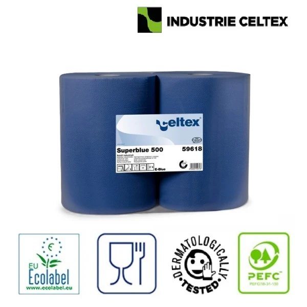 Rola hartie industriala Celtex Superblue 59618, 3 straturi, dim. laveta 36 x 36 cm, 500 lavete/rola, 2 role/bax , pentru uz industrial si spalatorii auto